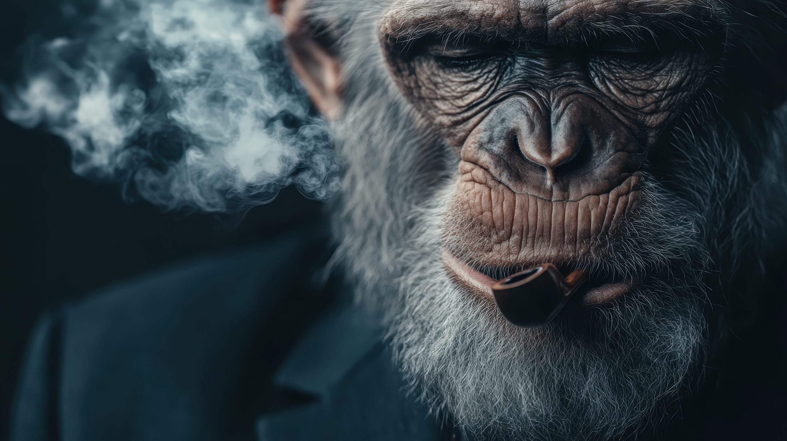 A thoughtful chimpanzee, dressed in a sharp suit and tie, puffs smoke from a pipe, blending a surreal concept with stylish elegance, creating a captivating image. A thoughtful chimpanzee, dressed in a sharp suit and tie, puffs smoke from a pipe, blending a surreal concept with stylish elegance, creating a captivating image.